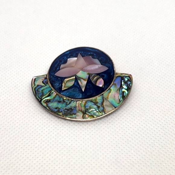 Vintage Alpaca Sterling Floral Mother Of Pearl & Abalone Inlay Brooch Pendant - Picture 3 of 7